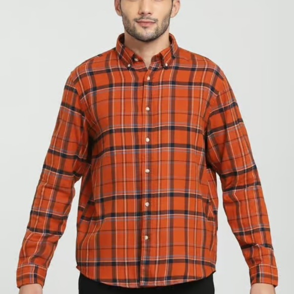 Selected HOMME Flannel Lumberjack Long Sleeve Button Up Orange Plaid - Picture 2 of 12